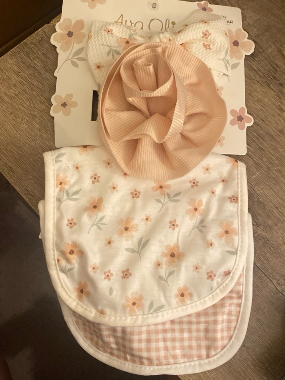 Peach Floral Baby Bib and Bow Set